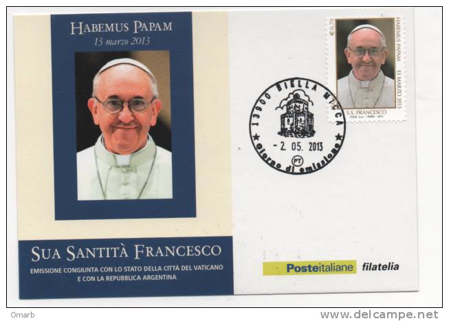 Fra388 Maxi Card Papa Pope Habemus Papam Francesco Francisco Vaticano Emissione Congiunta 2013 Biella Battistero - 2011-20: Oblitérés