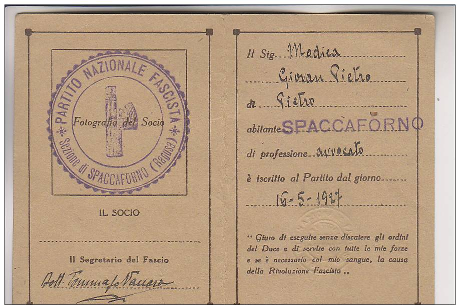 Tessera Fascista PNF  1927 Sez. Spaccaforno Fascio - Historical Documents