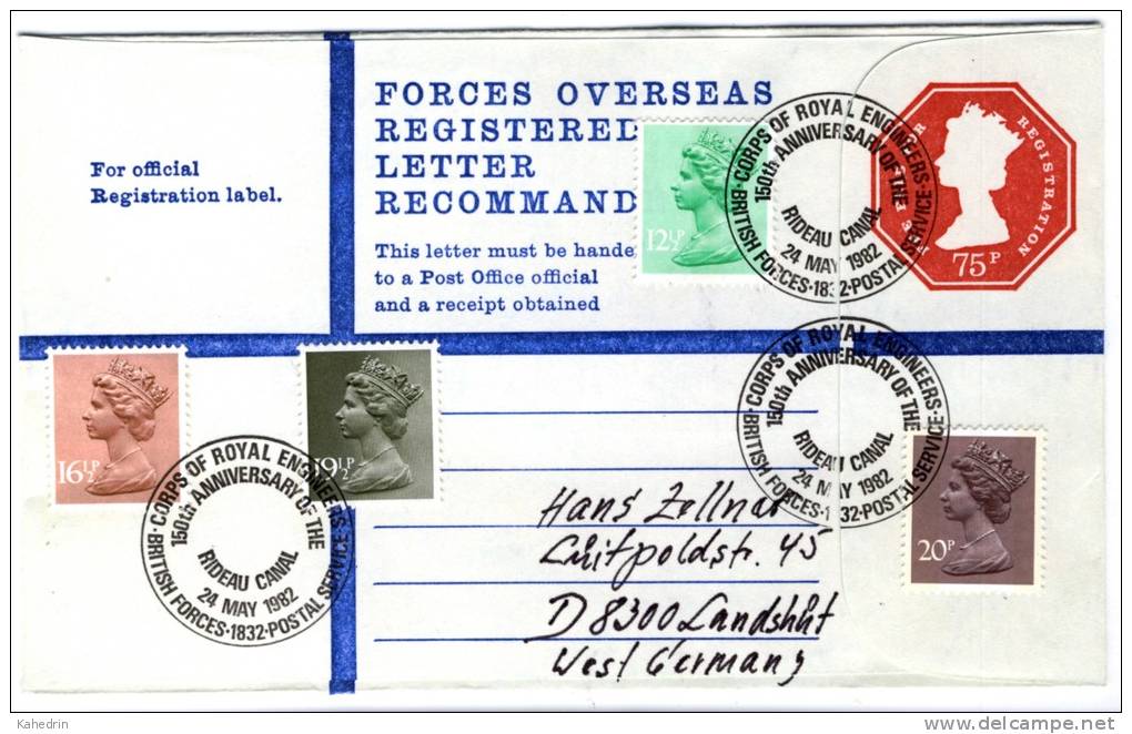 Great Britain 1982, Uprated Registered Cover To Germany, Elizabeth II - British Forces - Rideau Canal - Brieven En Documenten