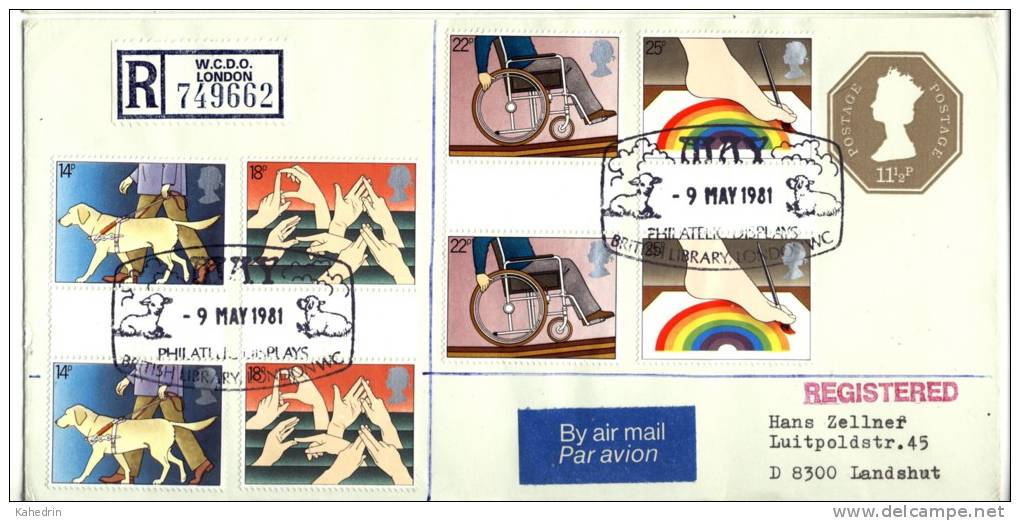 Great Britain 1981, Uprated Registered Letter / Cover To Germany, Disabled - Gutter Pair - British Library - Briefe U. Dokumente