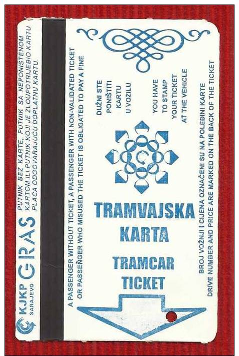 BOSNIA AND HERZEGOVINA .SARAJEVO  TICKET--TRAM-TRAMCAR - Europe