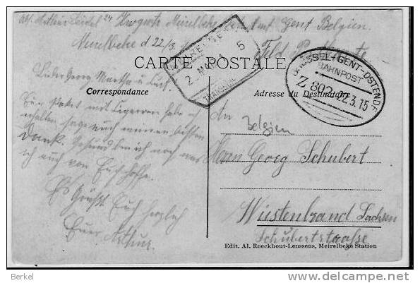 MEIRELBEKE Merelbeke Mellestraat 1915 TREINSTEMPEL BRUSSEL>GENT> OOSTENDE Feldpost  1040/d2 - Merelbeke