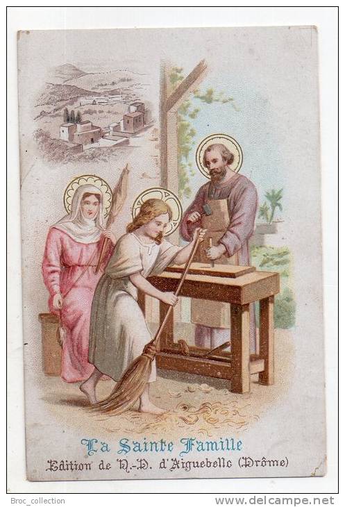 Image Pieuse La Sainte Famille, Atelier De Saint-Joseph, Charpentier, N.-D. D´Aiguebelle, Scan Recto-verso - Devotion Images