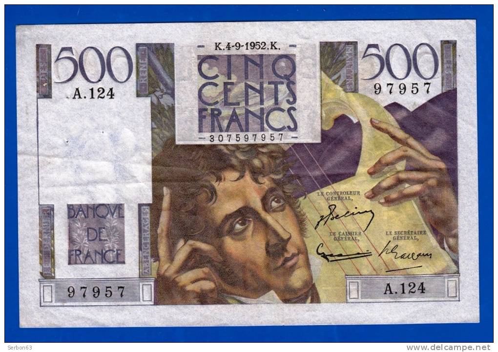 BILLET 500 BANQUE DE FRANCE CINQ CENTS FRANCS CHATEAUBRIAND 3 SIGNATURES N°97957 A.124 DU 4-9-1952 TYPE 1945 - FAY.34/10 - 500 F 1945-1953 ''Chateaubriand''