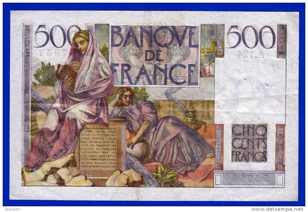 BILLET 500 BANQUE DE FRANCE CINQ CENTS FRANCS CHATEAUBRIAND 3 SIGNATURES N°97957 A.124 DU 4-9-1952 TYPE 1945 - FAY.34/10 - 500 F 1945-1953 ''Chateaubriand''