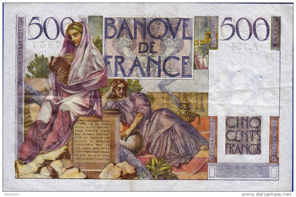 BILLET 500 BANQUE DE FRANCE CINQ CENTS FRANCS CHATEAUBRIAND 3 SIGNATURES N°97957 A.124 DU 4-9-1952 TYPE 1945 - FAY.34/10 - 500 F 1945-1953 ''Chateaubriand''