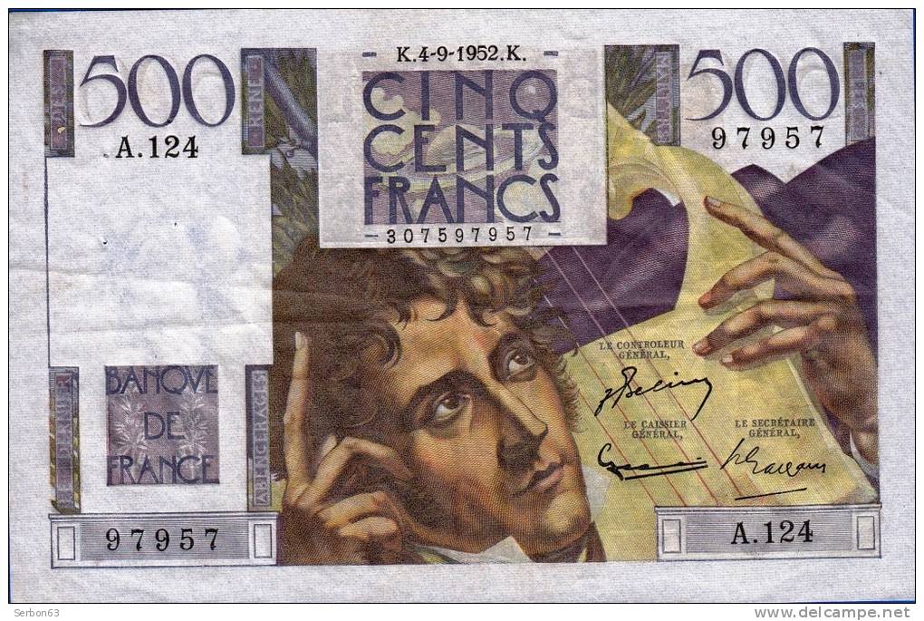 BILLET 500 BANQUE DE FRANCE CINQ CENTS FRANCS CHATEAUBRIAND 3 SIGNATURES N°97957 A.124 DU 4-9-1952 TYPE 1945 - FAY.34/10 - 500 F 1945-1953 ''Chateaubriand''