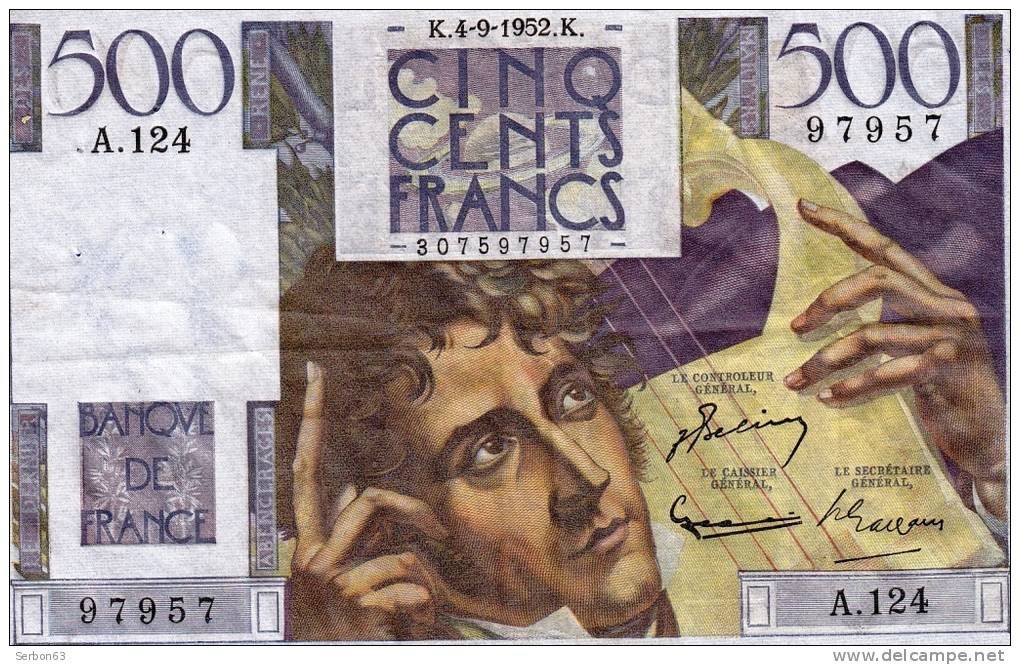 BILLET 500 BANQUE DE FRANCE CINQ CENTS FRANCS CHATEAUBRIAND 3 SIGNATURES N°97957 A.124 DU 4-9-1952 TYPE 1945 - FAY.34/10 - 500 F 1945-1953 ''Chateaubriand''