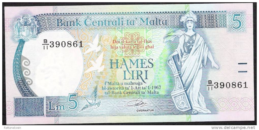 MALTA    P42   5   LIRI   DATED 1967 ISSUED IN 1989  #B/11 Signature 10    UNC. - Malta