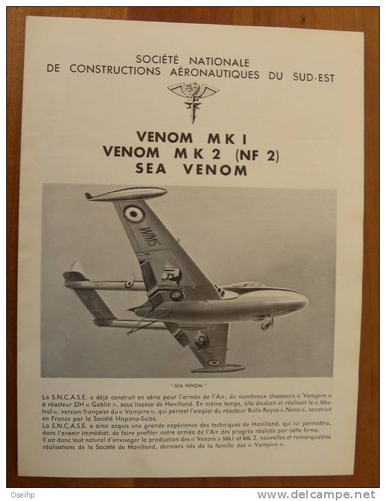 Planche Société Nationale De Constructions Aéronautiques Du Sud-Est - VENOM MK1 MK2 Sea - Aviation Avion - Andere Pläne