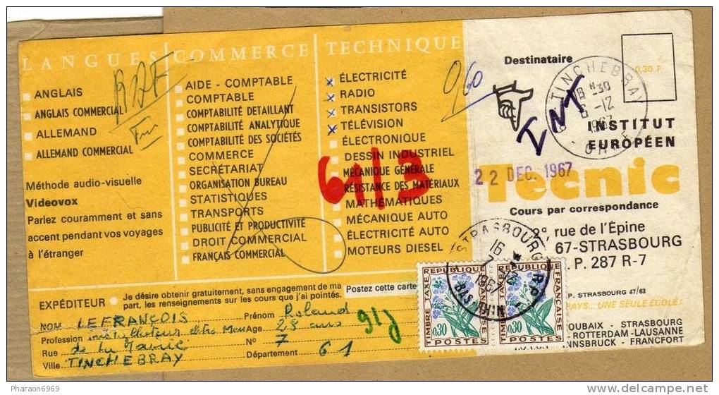 Carte Cours Par Correspondance Technique Commerce Langues Institut Européen Strasbourg France Taxe Tinchebray - 1960-.... Storia Postale