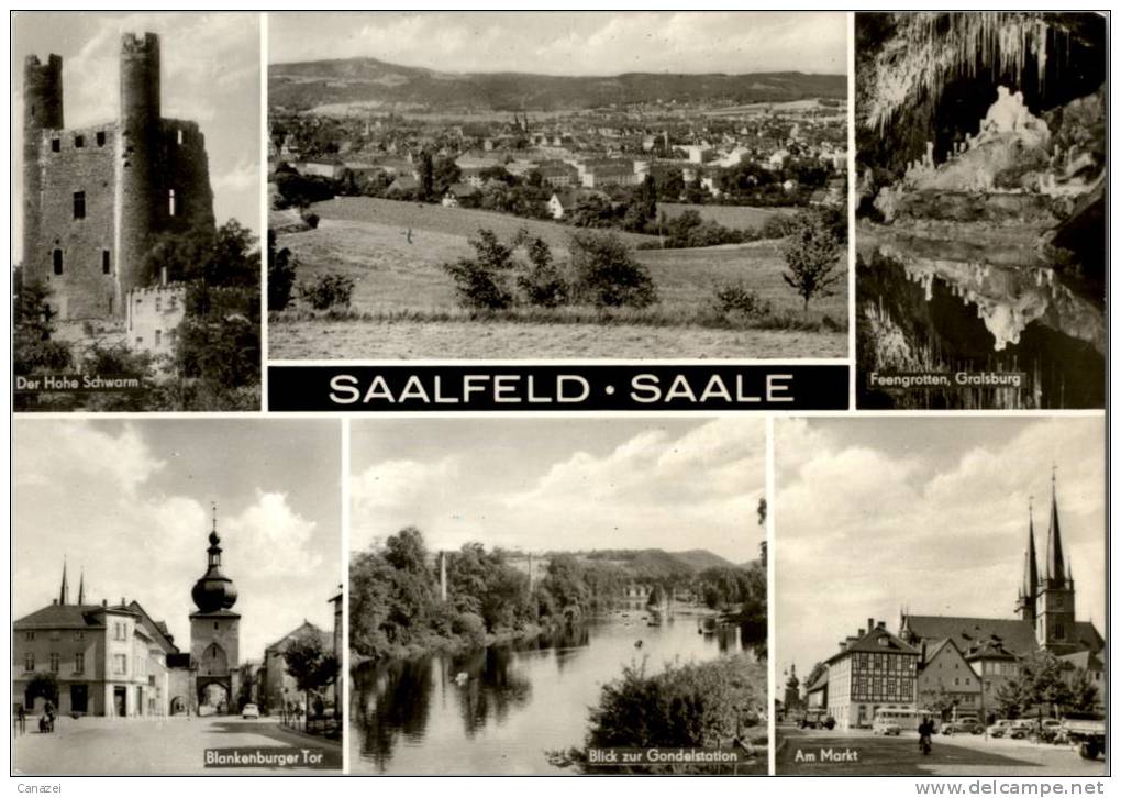 AK Saalfeld: Markt, Gondelstation, Der Hohe Schwarm, Blankenburger Tor, Ung,1975 - Saalfeld