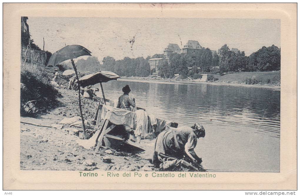 TORINO-RIVE DEL PO E CASTELLO DEL VALENTINO-LAVANDAIE-VIAGGIATA 1914 X SANREMO-ORIGINALE D´EPOCA 100% - Castello Del Valentino