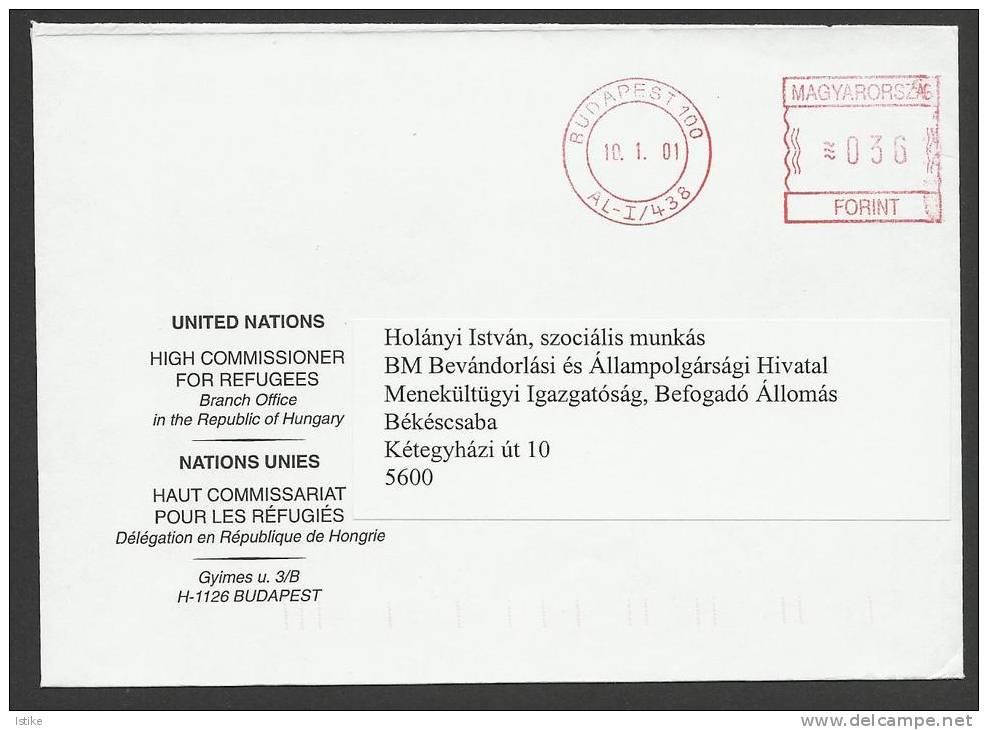 Hungary, United Nations High Comissioner For Refugees,(UNHCR), Cover,   2001. - Covers & Documents