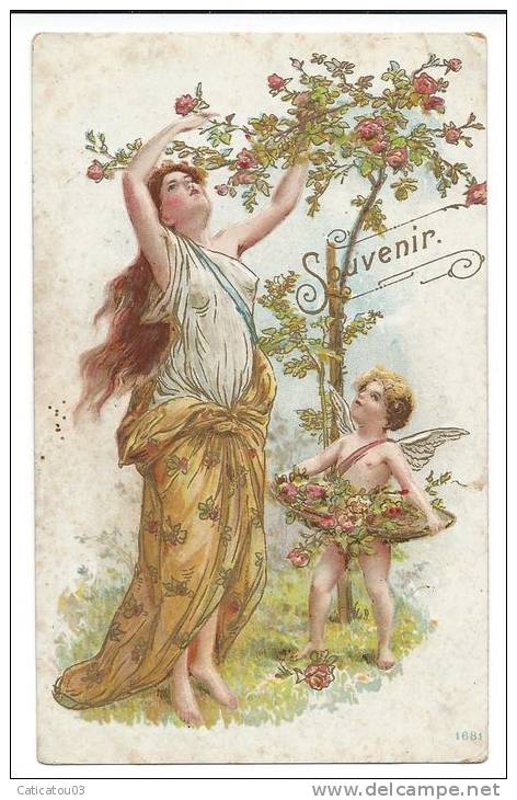 ART NOUVEAU CARTE GAUFREE JEUNE FEMME CUEILLANT DES FLEURS AVEC ANGE - 1900-1949