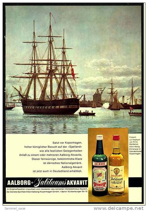 Reklame Werbeanzeige  -  AAlborg Jubiläums Akvavit  ,  Salut Vor Kopenhagen, Hoher Königlicher Besuch ,  Von 1968 - Alcohols