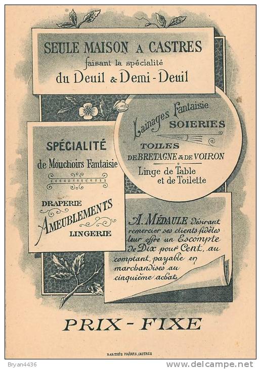 81 - Castres - Soiries & Draperies "Albert MEDAULE" Carte D'Escompte Ancienne Illustrée Décorée (10 X 14 Cm) TTB 2 Scans - Castres