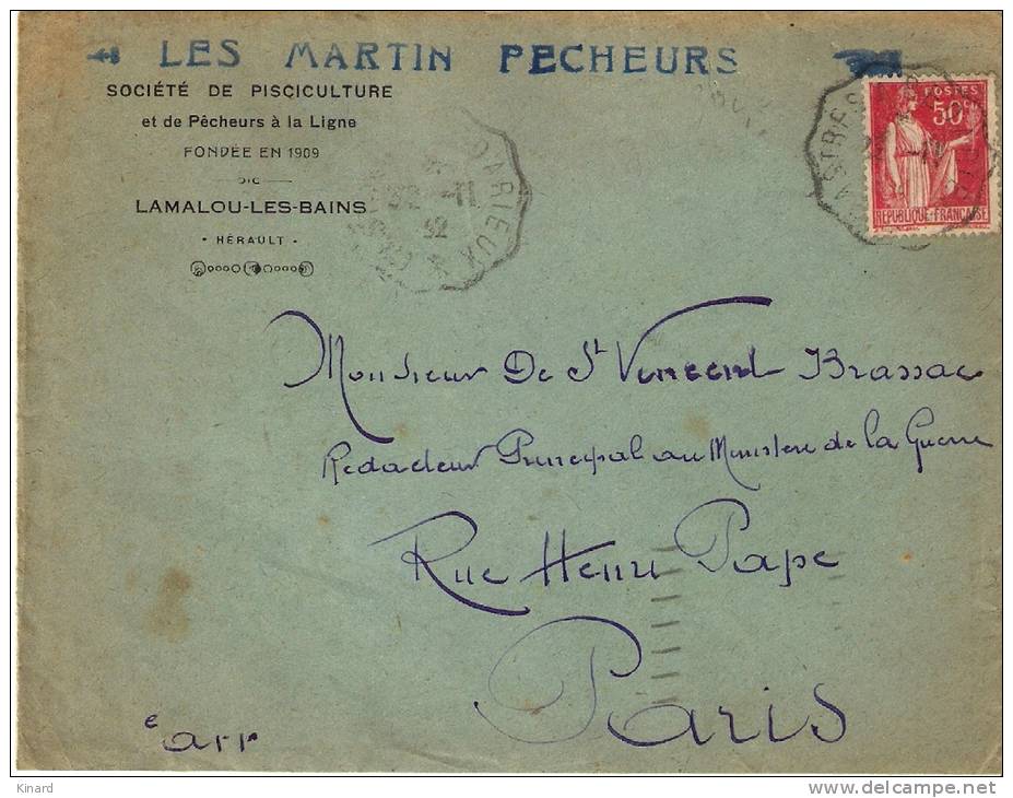 LETTRE ..CONVOYEUR CASTRES A BEDARIEUX ..lettre PUB ...LES MARTINS PECHEURS .. VOIR SCAN ..1932 - Poste Ferroviaire