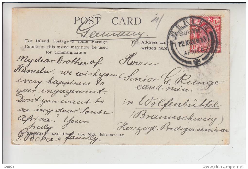 SÜDAFRIKA / South Africa - Boerentreck 1913, Postmark BERLIN-South Africa - Südafrika