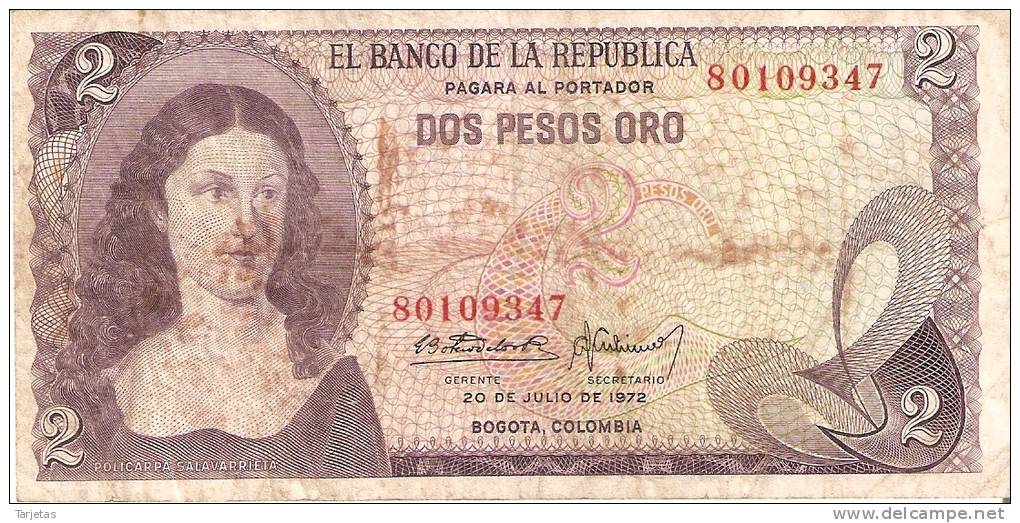 BILLETE DE COLOMBIA DE 2 PESOS DE ORO DEL AÑO 1972  (BANK NOTE) - Colombia