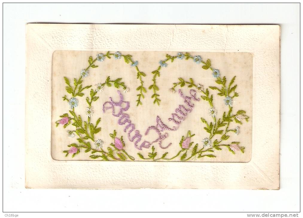 CPA : Carte Brodée :  Bonne Année : Rameaux Fleuris - Brodées