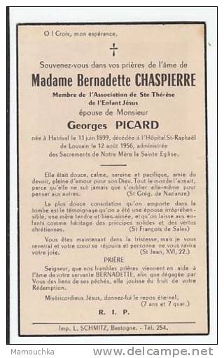 Décès  Bernadette CHASPIERRE (Georges Picard) Hatrival 1899 Louvain Leuven 1956 - Images Religieuses