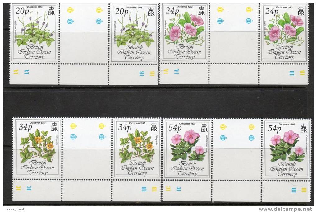 British Indian Ocean Territory 1993 - Christmas Flowers Gutter Pairs & Pl Nos SG141-144 MNH Cat £8.90+ - C Notes Below - Territorio Británico Del Océano Índico