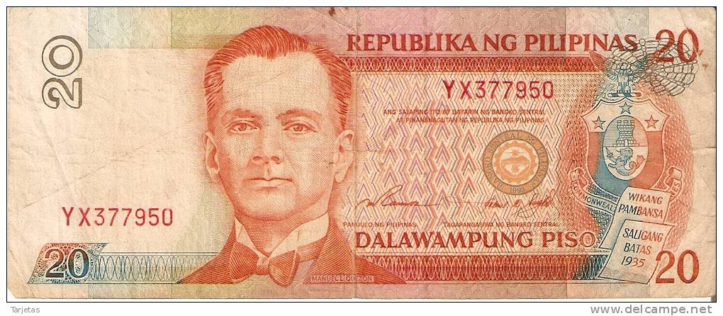 BILLETE DE FILIPINAS DE 20 PISO NUMEROS ROJOS  (BANKNOTE) (RARO) - Philippines