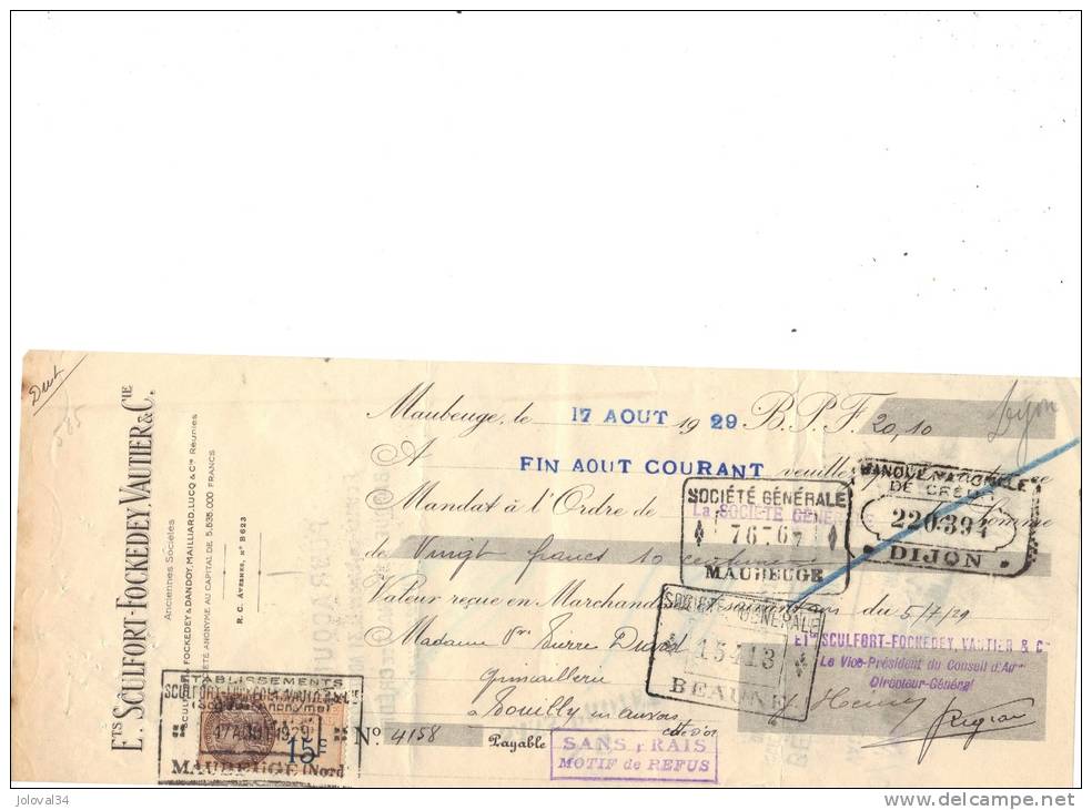 Lettre Change 17/8/ 1929 Sculfort Fockedey Vautier Maubeuge Nord Pour Pouilly En Auxois Côte D´Or - Timbre  Fiscal - Wissels