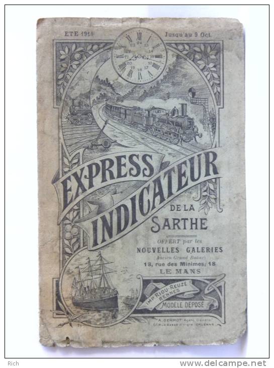 Express Indicateur De La Sarthe Offet Par NOUVELLE GALERIES Le Mans - Eté 1914 Horaires Transports Train Tramway - Advertising