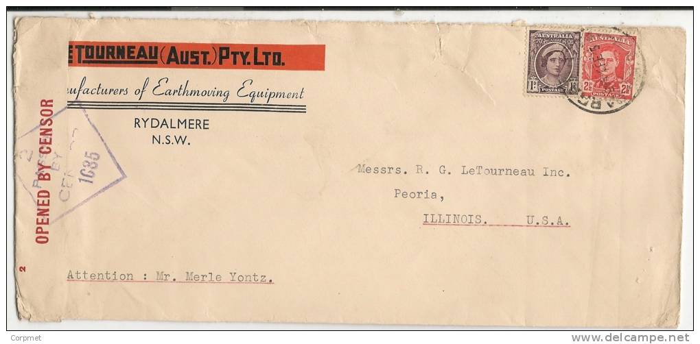 AUSTRALIA - 1944 CENSORED COVER From RYDALMERE To ILLINOIS - Covers & Documents