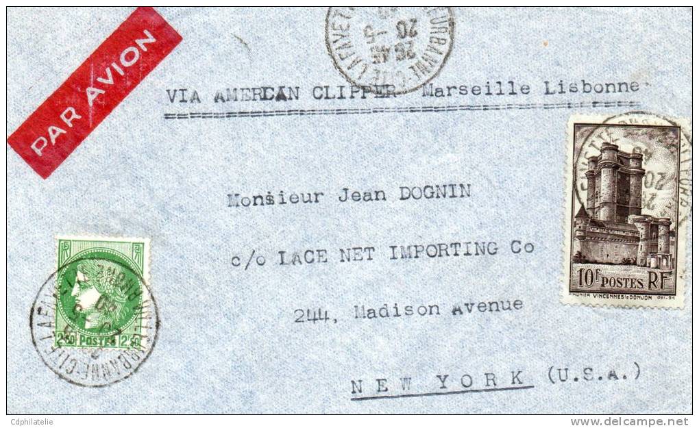 LETTRE PAR AVION AVEC MENTION VIA AMERICAN CLIPPER Marseille Lisbonne DEPART VILLEURBANNE 20-5-40 POUR NEW YORK (U.S.A) - 1927-1959 Briefe & Dokumente