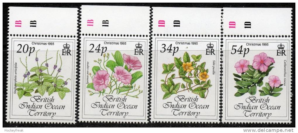 British Indian Ocean Territory 1993 - Christmas Flowers Plate 1B/1D SG141-144 MNH Cat £4.45++ SG2015 - Territorio Britannico Dell'Oceano Indiano