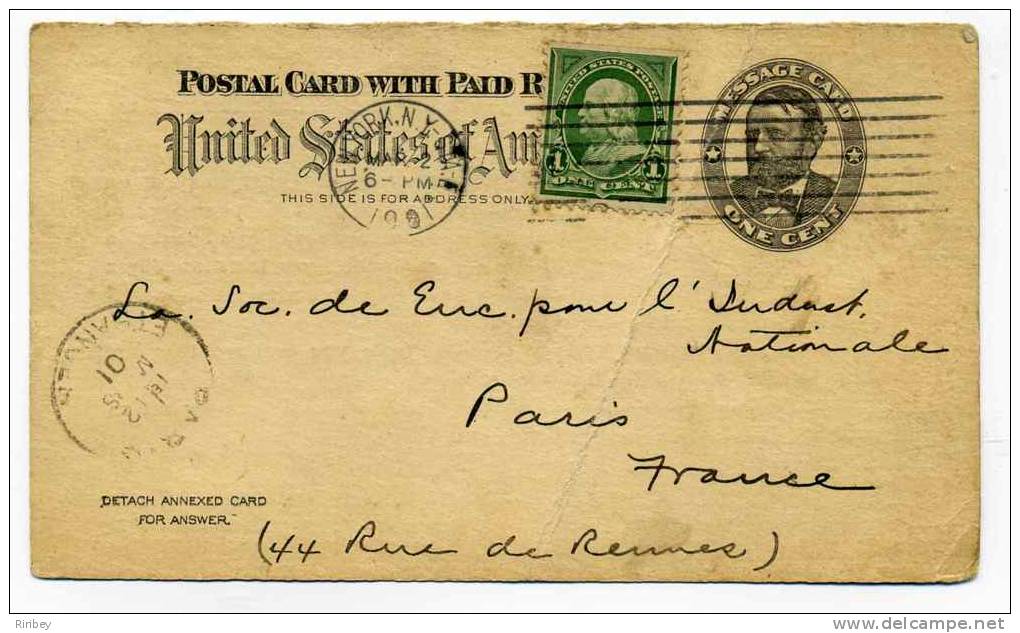 Entier Postal / Message Card/ USA Repiqué Pour  AMERICAN SOCIETY OF MECHANICAL ENGINEERS / 1901 / NEW YORK CITY To PARIS - 1901-20