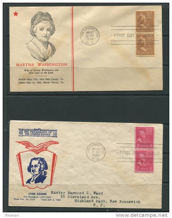 USA 1939 (2) Covers First Day Of Issue Martha Washington, John Adams Vertical Pair - Postal History