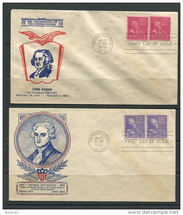 USA 1939 (2) Covers First Day Of Issue John Adams, Thomas Jefferson Horizontal  Pair - Marcophilie
