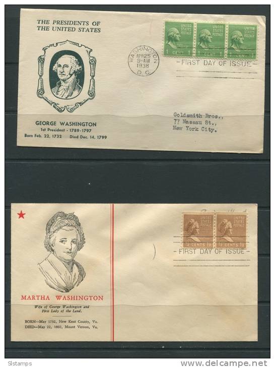 USA 1938-9 (2) Covers First Day Of Issue G.Washington, Martha Washington Horizontal  Pair,strip Of  3 - Postal History