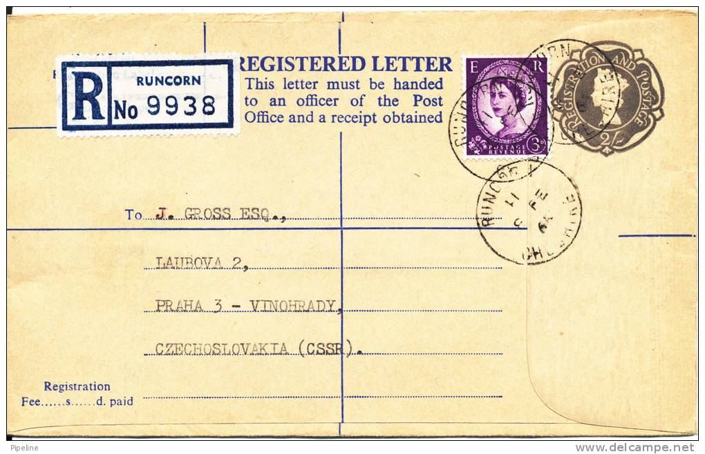 Great Britain Uprated Registered Postal Stationery Sent To Czechoslovakia Runcorn 8-2-1965 - Entiers Postaux