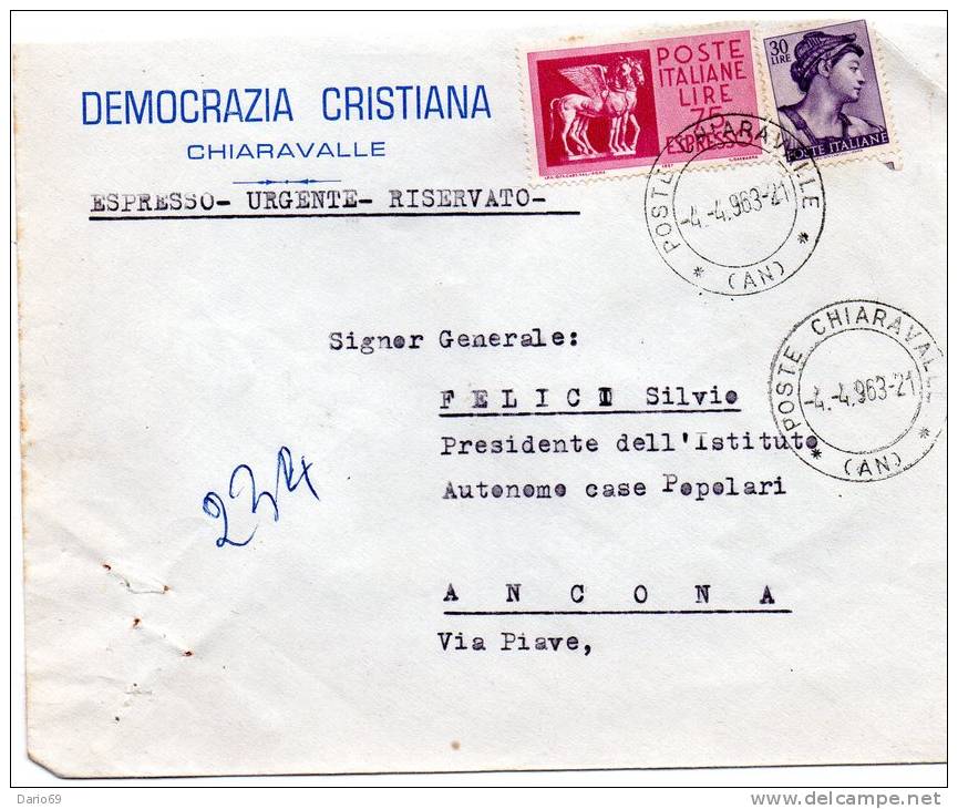 1963 LETTERA CON ANNULLO CHIARAVALLE ANCONA - Correo Urgente/neumático