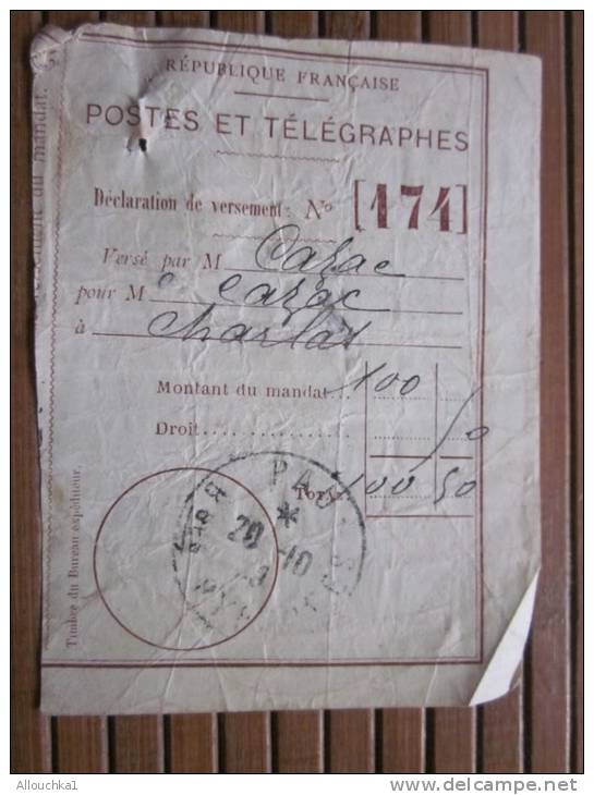 POSTES ET TELEGRAPHES Télégraphe Déclaration De Versement Récépissé Mandat Cachet à Date Pau 1909 - Télégraphes Et Téléphones