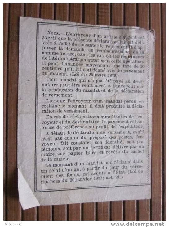 POSTES ET TELEGRAPHES Télégraphe Déclaration De Versement Récépissé Mandat Cachet à Date Pau 1909 - Telegraaf-en Telefoonzegels