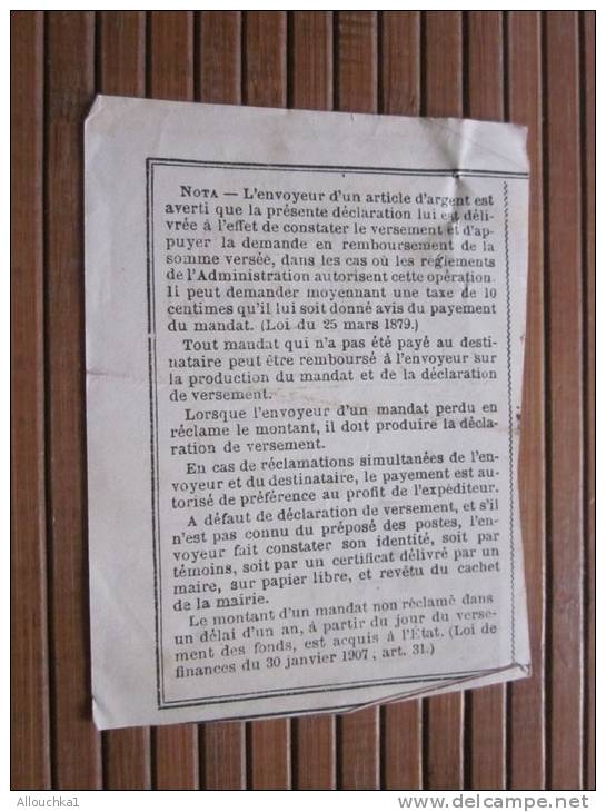 POSTES ET TELEGRAPHES Télégraphe Déclaration De Versement Récépissé Mandat Cachet à Date Vichy 1909 - Télégraphes Et Téléphones