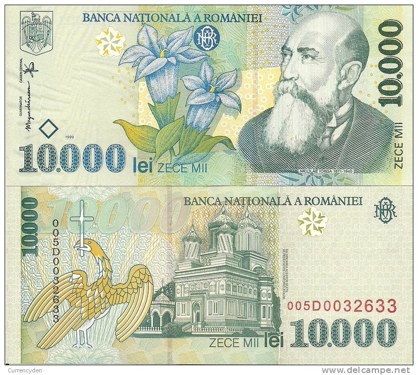 Romania P112a, 10,000 Lei, Writer Nicolae Lorga, Gentian Flower -POLYMER $5CV - Rumania