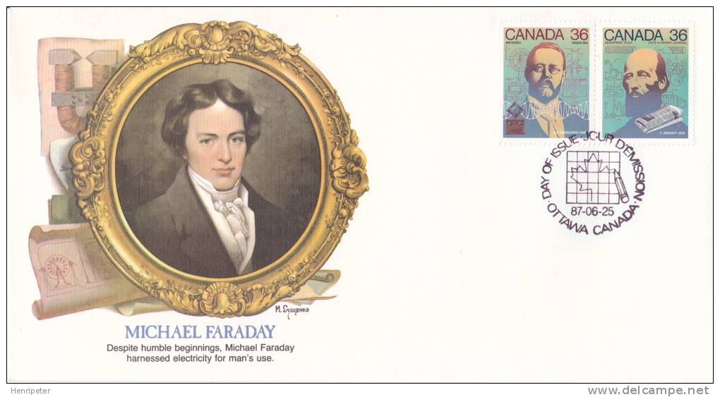 Canada 1987 - FDC Illustrée Grands Scientifiques Du Monde - Michael Faraday + R.A. Fessenden, C. Fenerty - 1981-1990