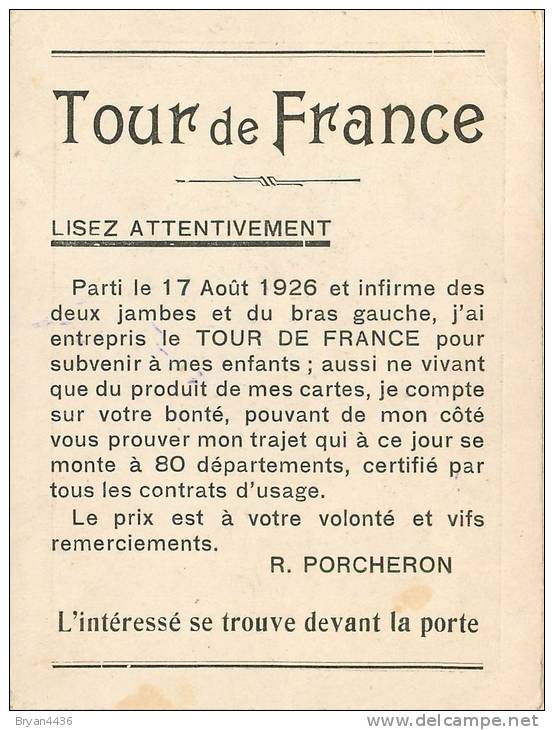 R. PORCHERON - Infirme Des 2 Jambes - Tour De France - 1926 - Carte En Bel Etat (voir 2 Scans) - Sport Voor Mindervaliden