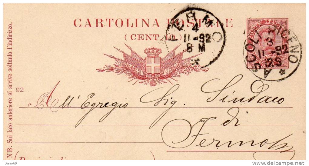 1892 CARTOLINA CON ANNULLO  ASCOLI PICENO - Interi Postali
