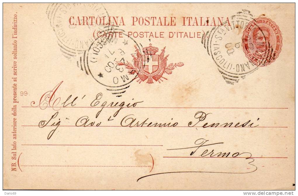 1900  CARTOLINA CON ANNULLO Santa Vittoria In Matenano  ASCOLI - Interi Postali