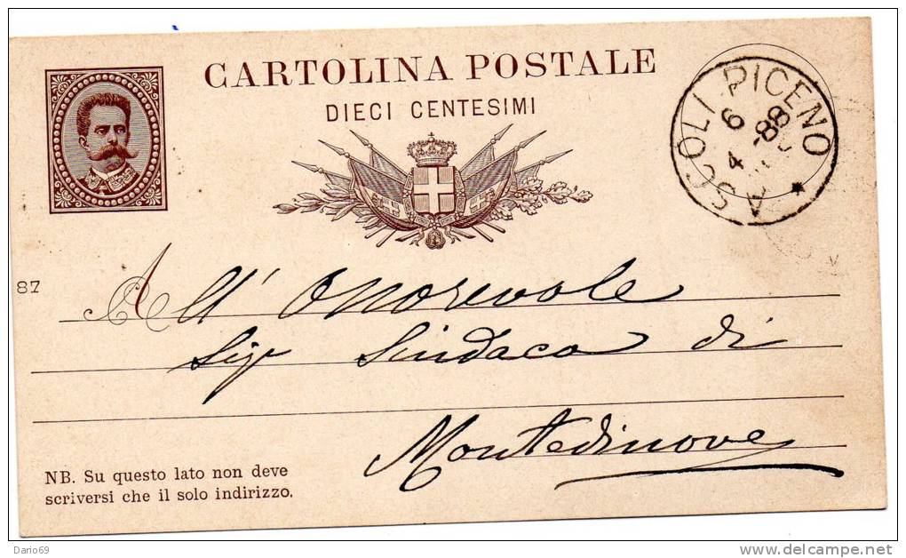 1888 CARTOLINA CON ANNULLO ASCOLI PICENO - Interi Postali