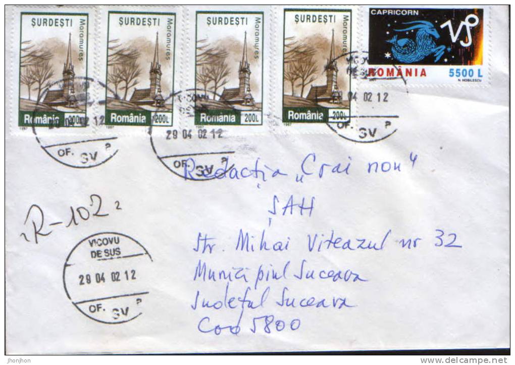 Romania- 5 Envelopes Circulated In 2002 And A Fragment Of The Envelope- 6 European Zodiac Signs-6/scans - Astrologie