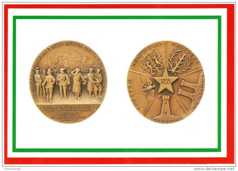 [DC1653]  CARTOLINEA - DI MEDAGLIA IN MEDAGLIA - 150° DELLA 2° GUERRA D´INDIPENDENZA - STELLA D´ITALIA INTORNO I COMUNI - Monedas (representaciones)